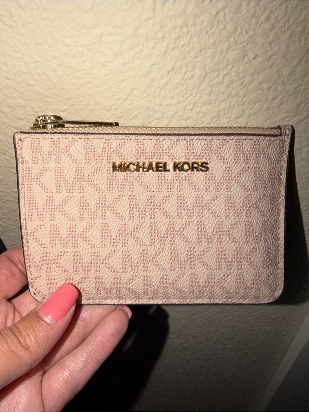 Michael Kors Light Pink Leather Zip Card Holder with Gold Hardware